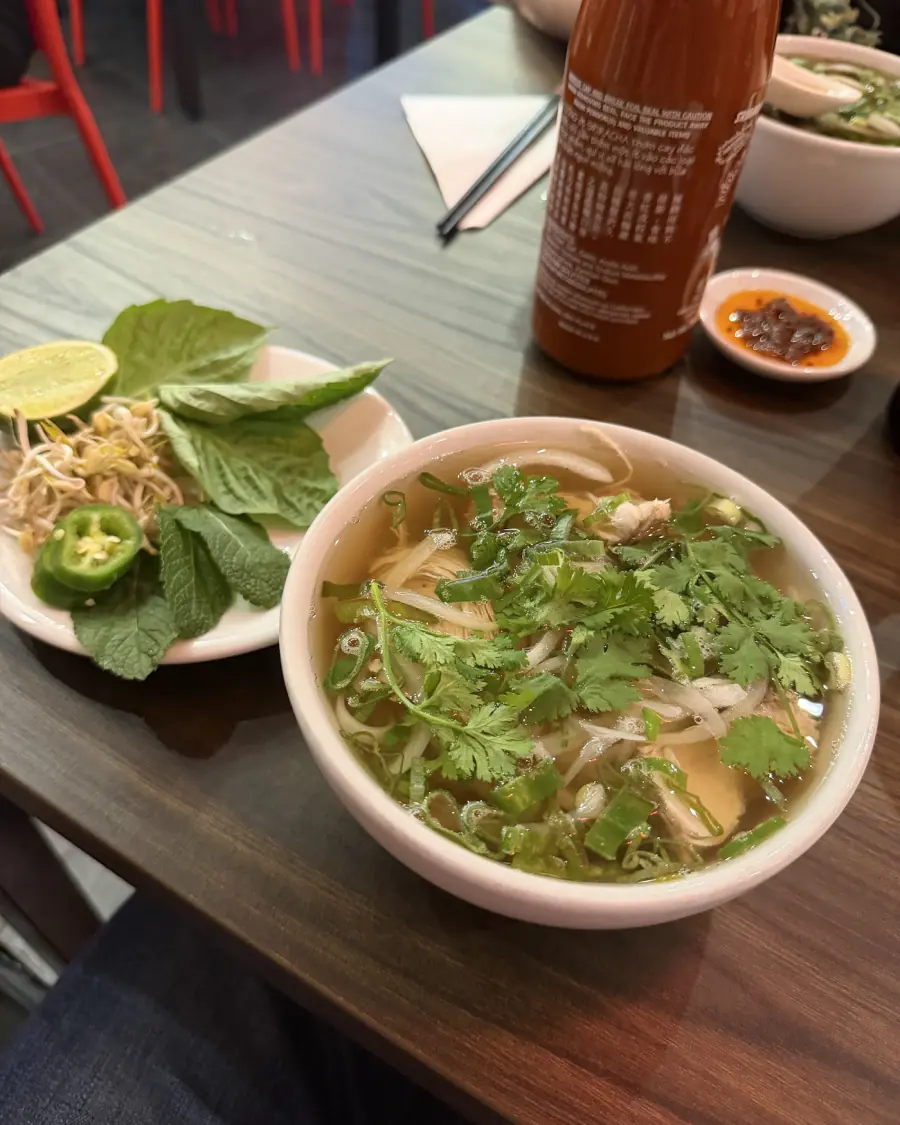 Phở servido con germinado, albahaca, limón y ají